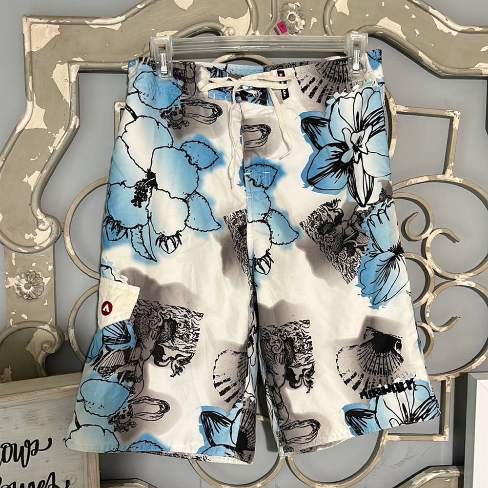 Swim Trunks Board Shorts boys 18 tropical White Blue Floral